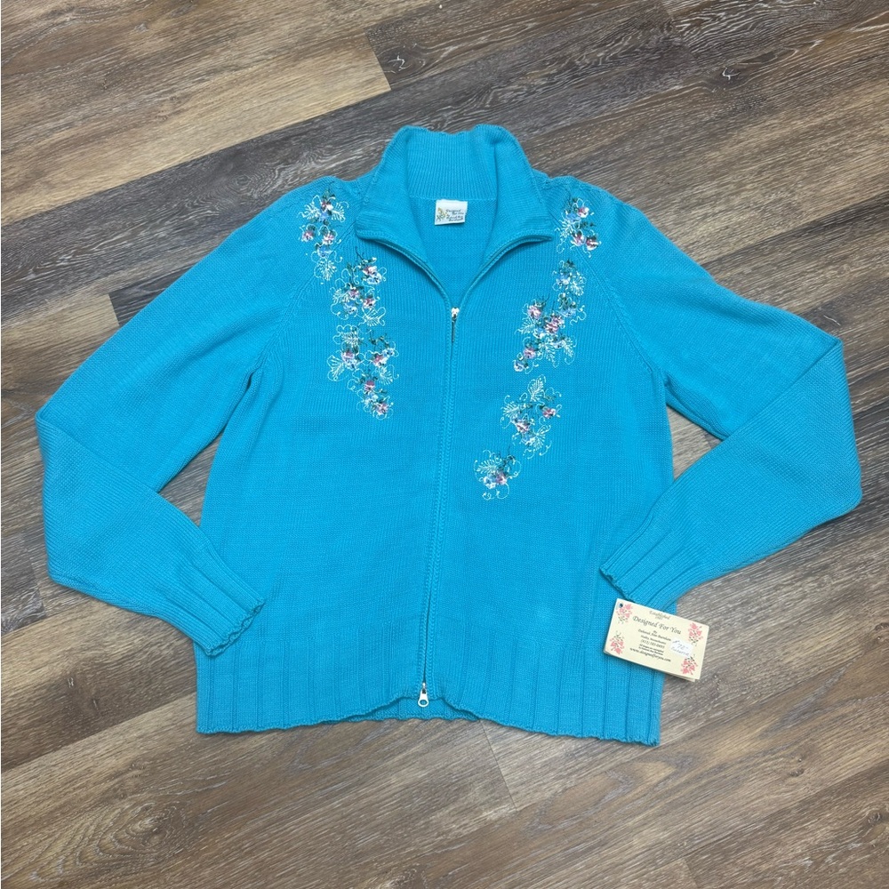 Blue Embroidered Women's Sweater XXL Handmade Zip Up